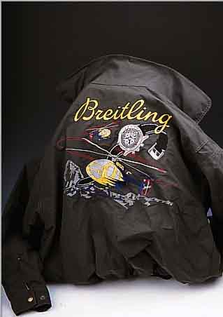BREITLING FLIEGERJACKE, OLIVGRüN, GELBES INNENFUTTER, RüCKSEITIG MEHRFARBIG BESTICKT, GR. XL, JACKE WURDE NUR AN KONZESSIONäRE ABGE-GEBEN, ...