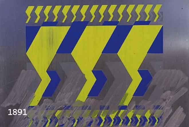 HAJEK,HAJEK, O.H., GEB. 1927, SIEBDRUCK IN GRÜN UND BLAU AUF ALUMINIUMPLATTE SILBERFARBEN ÜBERMALT, GERITZTE SIGNATUR MIT BEZEICHNUNG 74/90, CA. ...