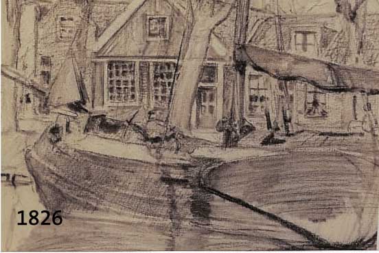 WIMMWIMMER, FRITZ, 1879 ROCHLITZ-1960 NEUBURG, KOHLEZEICHNUNG, HIER: ANSICHT IN DORDRECHT, UNSIGNIERT, VERSO NACHLAßSTEMPEL, CA. 24.5 X 31 CM, ...