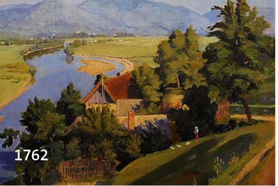 HOSCHOSCHEK, F., DEUTSCHER MALER, DAT. 1938, GEHÖFT AN FLUßUFER IN WEITER LANDSCHAFT, ÖL/ LWD., RE. U. SIGN. UND DAT., CA. 45,5 X 55 CM, R.
