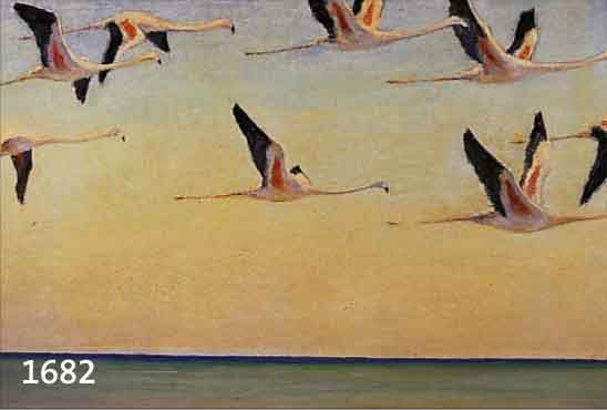 MONMONOGRAMMIST SN, DATIERT 1970, AUFFLIEGENDE FLAMINGOS ÜBER DEM MEER, ÖL/HARTFASER, CA. 50 X 125 CM, R.