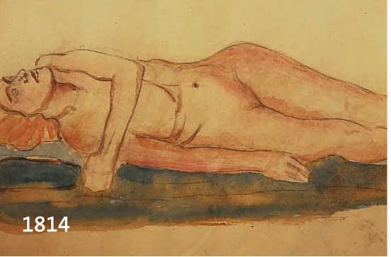WIMMWIMMER, FRITZ, 1879 ROCHLITZ-1960 NEUBURG, LIEGENDER WEIBLICHER AKT, AQUARELLIERTE BLEISTIFTZEICHNUNG, LEICHT KNITTERFALTIG, CA. 32 X 60 CM, ...