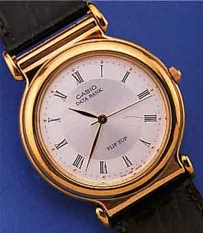 CASIO HERRENARMBANDUHR DATABANK/FLIPTOP, JAPAN UM 1990, UNGETR. LAGERW., LEDERB., VERKAUFSLOGO, METALL HARTVERG., HIGH-TECH- QUARTZW. M. ...