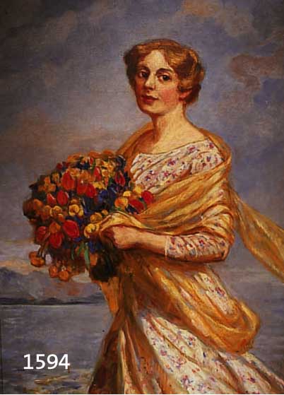 HELDHELDRICH, B., MÜNCHEN, ÖL/LWD JUNGE FRAU MIT BLUMENSTRAUß MIT BUNTEM KLEID UND SCHAL, HINTERGRUND AM SEE, CA. 94X84 CM, R. LEICHT ...