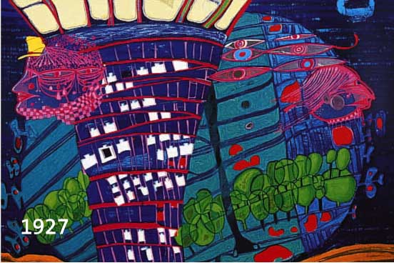 HUNDERTWASSER, FRIEDENSREICH, 1928 - 2000, FLUCHT INS ALL, AUS DER REGENTAGMAPPE 1077/3000, SIGNIERT, HWG 47, CA. 67,5 X 47 CM