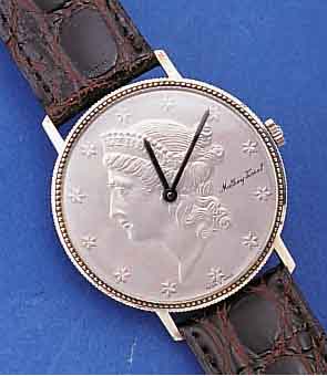MATTHEW TISSOT HERRENARMBANDUHR IN FORM EINER US-MüNZE, STERLINGSILBER, BODEN GEDR., LüNETTE GEPERLT, RUNDANKERW. VERG., STREIFEN- SCHL., ...