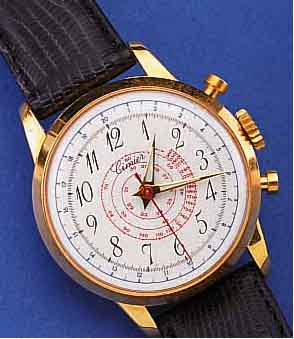 CIMIER HERRENARMBANDUHR SCHEINCHRONOGRAPH MIT UNRUHSTOPP, SCHWEIZ UM 1960, UNGETR. LAGER- W., METALL VERG., EDELST.-BODEN GEDR., EMAIL- FARB. ...