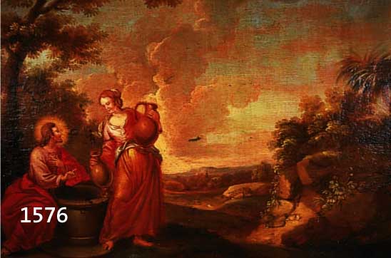 UNBEKANNTER KÜNSTLER, DEUTSCH, UM 1750-60, JESUS MIT MARIA MAGDALENA AM BRUNNEN, ÖL/LWD., TEILRESTAURIERT, ALTERSBEDINGT KRAKELIERT UND MIT ...