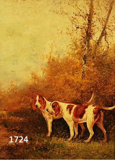 MALER DER DüSSELDORFER SCHULE, UM 1900, ZWEI JAGDHUNDE VOR HERBSTLICHEM WALDRAND, ÖL/LWD, MEHRFACH AUSGEBESSERT, RESTAURIERT UNDDOUBLIERT, ...