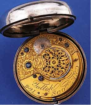 TULLOH SCOTTLAND SPINDELHERRENTASCHENUHR, ENGLAND UM 1820, SILBER, EMAILBL. FEIN HAARR.,VERG. PLATINENW., ANTRIEB üBER KETTE U. SCHNECKE, ...