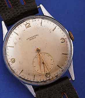 KONVOLUT: 2 HERRENARMBANDUHREN, SCHWEIZER PRODUKT. UM 1948, BEIDE EDELST., 1X UNIVERSAL GENVE, BODEN U. GLASR. GEDR., BLATT FL., 15 ST., ...