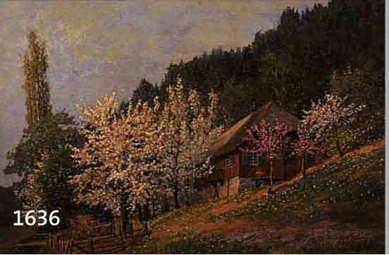 BADISCHER KüNSTLER, ANF. 20. JH., BAUMBLüTE VOR SCHWARZWALDHAUS IM FRüHLING, ÖL/LWD., UNLESERL. SIGN., 51 X 71 CM, R.