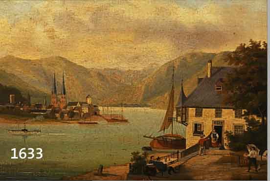 RHEINROMANTIKER UM 1860/70, BELEBTE SZENERIE MIT FLUSSCHIFFEN, KLEINEM STäDTCHEN UND PERSONENSTAFFAGE, ÖL/LWD. (BE- SCH.), ...
