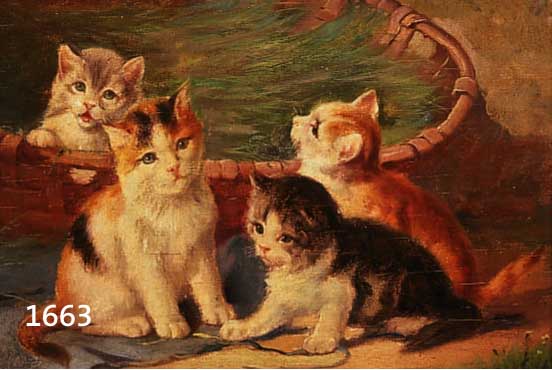 TIERMALER DES 19. JH., VIER JUNGE KATZEN AM KORB, ÖL/HOLZ UNLESERL. SIGN. U. RE., L. ALTERSSPUREN, 19 X 25 CM, R.