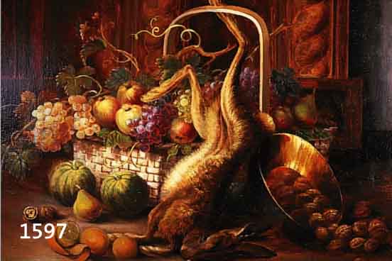 UNBEK. KüNSTLER DES 19. JH., QUALITäTVOLLES JAGDSTILLEBEN, HASE MIT FRüCH- TEN, ÖL/LWD., UNSIGN., 65 X 91 CM, R.