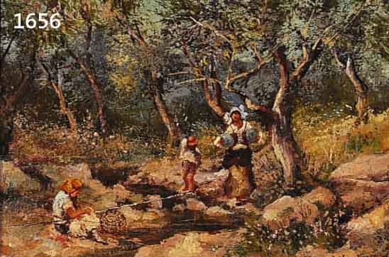 UNBEK. IMPRESSIONIST, MITTE 20. JH., MUTTER UND KINDER AN EINEM KLEINEN BACH UNTER BäUMEN, ÖL/HARTFASER, UNLESERL. SIGN., 13 X 18 ...