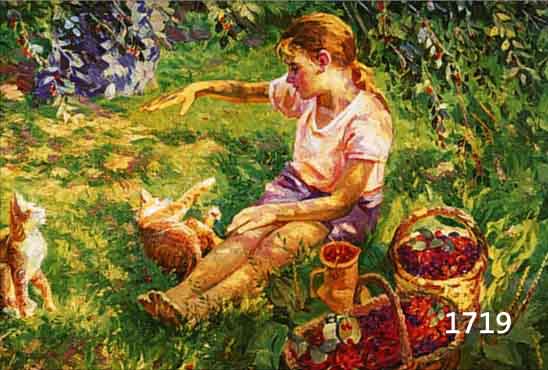 ZEHEZHER, ANATOLI, DNIEPROPETROWSK, STUDIERTE VON 1955-61 AN DER DORTIGEN KUNST- SCHULE, JUNGES MäDCHEN BEI DER KIRSCHERNTE, MIT KATZEN ...