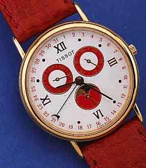 TISSOT HERRENARMBANDUHR MIT VOLLKALENDER IN- CLUSIVE MONDPHASE, SCHWEIZ UM 1990, METALL HARTVERG., EDELST.-BODEN GEDR., MINERALGL., LEDERB., ...