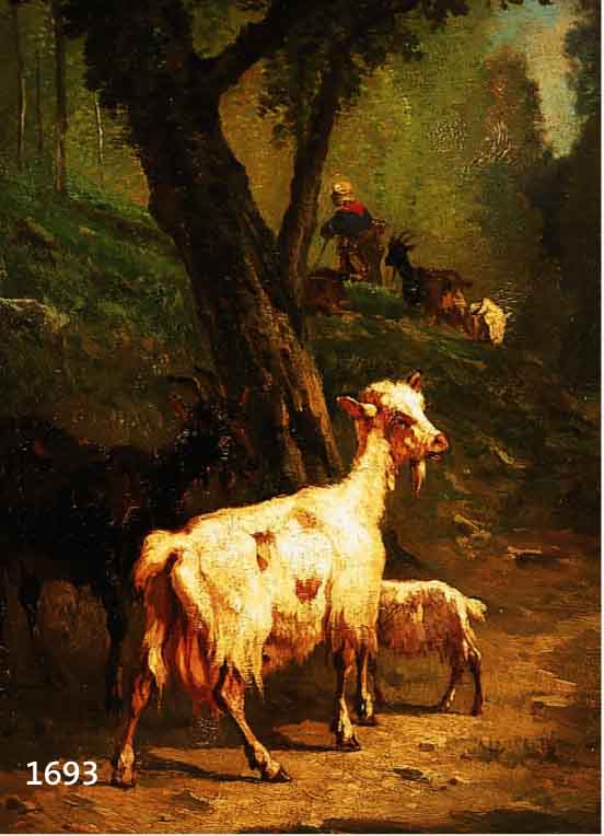 CORTES, EDOUARD-LéON, 1882-1969, BEKANNT VOR ALLEM FÜR SEINE ANSICHTEN AUS PARIS UND DER BRETAGNE, HIER: HIRTENMÄDCHEN M. ZIEGEN AUF WALDWEG, ...