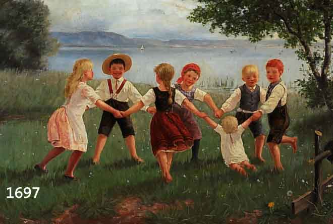 SKAGA, ANKER, DäNISCHER MALER DER MüNCHNER SCHULE, ERW. ZW. 1889-99, RINGELREIHEN, AUF EINER WIESE AN EINEM BAYRISCHEN SEE TANZEN ...
