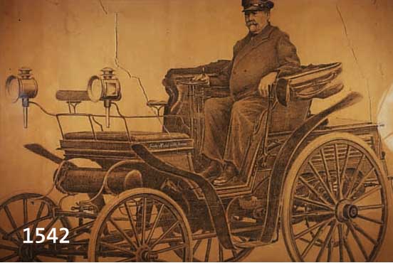 UNLESERL. SIGN. (ZOPPI ODER ZAPPI, JEAN), DAT.1933, BLEISTIFTZEICHNUNG EINES BENZ-AUTOS MODELL 1891, MIT DEM BESITZER FRITZ HELD MüN- CHEN, RE. ...