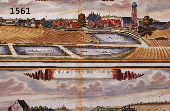 7 KOLOR. KUPFERSTICHE AUS WENNING, UM 1700, MIT INSGESAMT 15 ANSICHTEN VON SCHLöSSERN UND ORTEN, BUDDLINGEN, GRAFFING, WILDSHUT, NEUHAUS, ...