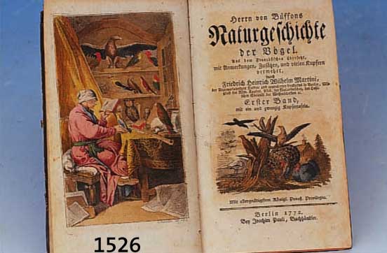 HERRN VON BUFFONS NATURGESCHICHTE DER VöGEL, 1. BAND 1772, MIT EINEM ALTKOLOR. FRONTI- SPIZ VON CHODOWICKI, EIN TITELKUPFERSTICH UND 22 ...