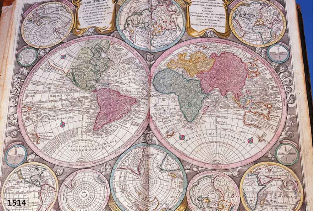 WELTAWELTATLAS MIT 130 DOPPELBLATTGROßEN KOLO- RIERTEN KUPFERSTICHKARTEN VON SEUTTER, 1720-30, ALTERSBEDINGT LEICHT GEBRÄUNT, HALBLEDEREINBAND ...