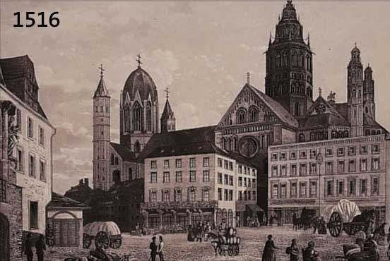 KONVOLUT VON 6 BLATT MIT ANSICHTEN VON MAINZ UND UMGEBUNG, 1.) AQUATINTA V. UND NACH J. R. RüDESüHLI, CA. 1860, MIT PRACHTVOLLER BORDüRE, ...