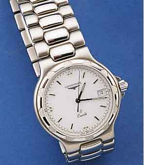 LONGINES HERRENARMBANDUHR CONQUEST, EDEL- STAHL INCL. BAND M. FALTSCHL., QUARTZ, DAT. BEI 3, ZENTRALSEK., LAGERWARE, ORIG. LEDER- HÜLLE FÜR ...