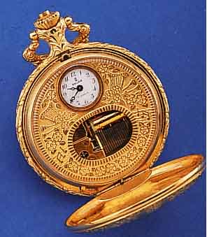 REUGE SAVONETTEHERRENTASCHENUHR MIT WALZEN- SPIELWERK, SCHWEIZ UM 1988, METALL VERG., MONOGR. SH, REPLIKA VON 1880, WALZENSPIELWERK UNABH. VOM ...