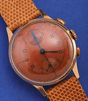 VENUS ARMBANDCHRONOGRAPH, KAL. 170, SCHWEIZ UM 1944, RG 750/000, BODEN FEHLT, GLASR. U. MESSINGCUV. GEDR., KUPFERFARB. ORIG.-BLATT, ...
