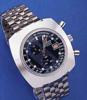 SORNA ARMBANDCHRONOGRAPH, REF.-NR. 2655, SCHWEIZ UM 1969, METALL HARTVERCHR., EDELST.- BAND ORIG.,15-MIN.-STOPPZäHLER BEI 10, DATUM ...