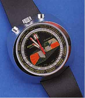 SORNA ARMBANDCHRONOGRAPH, SCHWEIZ UM 1970, MASSIV METALL HARTVERCHR., EDELST.-BODEN GE- SCHR., 15-MIN.-STOPPZäHLER, DATUM BEI 12, ZUR ...