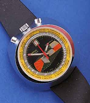 SORNA ARMBANDCHRONOGRAPH, SCHWEIZ UM 1972, UNGETR., METALL HARTVERCHR., EDELST.-BODEN GESCHR., KAUTSCHUKBAND, NEUTR. ETUI, MINERAL- FLACHGL., ...