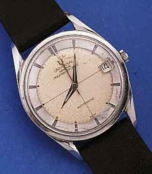 UNIVERSAL GENEVE HERRENARMBANDUHR AUTOMATIK POLEROUTER/DATE, EDELST., SCHWEIZ UM 1964, BODEN GESCHR., 28 ST., KAL. 69, GLYC.-UNR., FLACHSPIR., ...