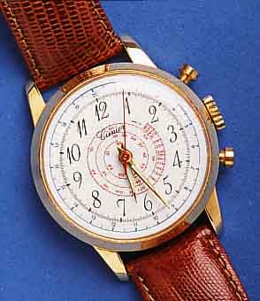 CIMIERCIMIER ARMBANDSCHEINCHRONOGRAPH, SCHWEIZ UM 1964, METALL VERG., BODEN EDELST. GEDR., KON- TRASTZIFFERBL., EINFACHE STOPPFKT. DURCH DR. ...