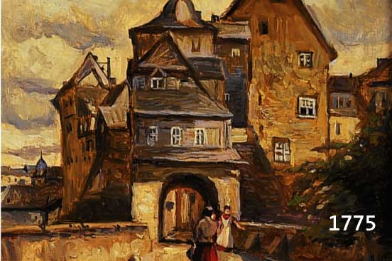IMPRESSIONIST 1. HäLFTE 20. JH., ZWEI FRAUEN VOR EINER MITTELALTERLICHEN STADT,ÖL/MALKARTON, UNLESERL. SIGN. (PRIEBE?), CA.: 37 X ...