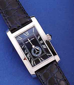 MERCEDES BENZ HERRENARMBANDUHR, WERBEUHR GLEICHNAMIGER AUTOFIRMA, LIMITED EDITION HIER NR. 158, STERLINGSILBER RHOD., RECT.-FORM, IN SICH ...