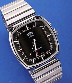 VULCAIN CRICKET ARMBANDWECKER, SCHWEIZ UM 1971, EDELST., BODEN GEDR., NEUTR. EDELST.- BAND, MINERALFLACHGL., GEH- U. WECKWERK üBER EINE KRONE ...