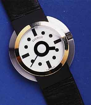 TISSOTTISSOT HERRENARMBANDUHR DESIGN ETTORE SOTTSASS , SCHWEIZ UM 1988, SERIE S180/280, EDELST. SAT., LÜNETTE IN GG, LEDERB. M. STIFTSCHL., ...