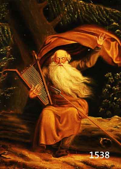 UNBEK. KÜNSTLER D. 19. JH., WEISSBÄRTIGER EINSIEDLER MIT SPEER UND MUSIK- INSTRUMENT IM WALD, ÖL/MALKARTON, UNSIGN., CA.: 19 X 32 CM, R.