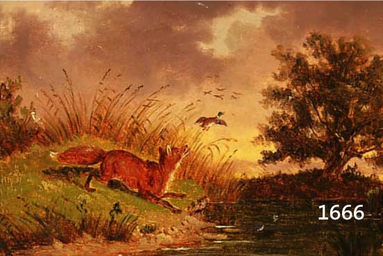UNBEK. KüNSTLER D. 19. JH., WOHL MüNCHENER SCHULE, FEINE MALEREI, FUCHS SCHEUCHT WILDENTEN AM WEIHER AUF, ÖL/MAL- KARTON, ...