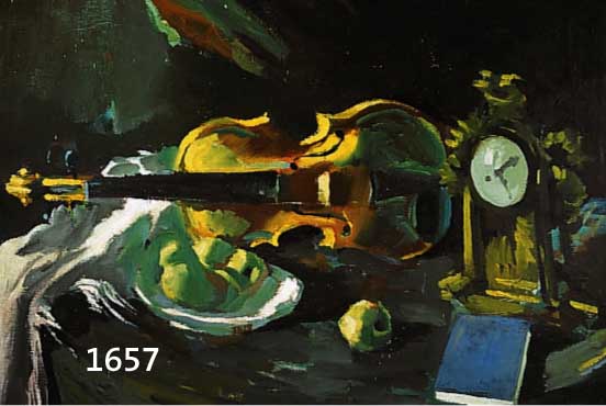 WOLFSBERGER, J., ANFANG 20. JH., STILLEBEN MIT VIOLINE UND TISCHUHR, ÖL/LWD., SIGN., VERSO WIENER AUFKLEBER, CA.: 80 X 95 CM