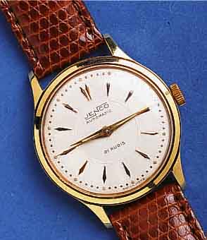 JENCOJENCO HERRENARMBANDUHR AUTOMATIK, SCHWEIZ UM 1955, GG 750/000, BODEN U. GLASR. GEDR., GUILL. U. VERS. BLATT, 21 ST., ZENTRALROTOR, BASISKAL. ...