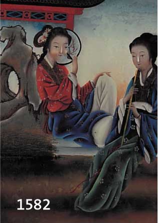 HINHINTERGLASMALEREI, CHINA, UM 1900, ZWEI JUNGE FRAUEN VOR PAGODE, LI. U. LEICHT BESCH., CA. 48,5 X 33 CM, R.