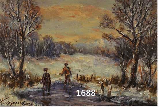 KRIPPENDORF, FRANZ, 1907 INNSBRUCK, WINTERLANDSCHAFT MIT ZUGEFRORENEM TEICH UND ZWEI FIGUREN, ÖL/LWD., SIGN., VERSO KüNSTLER- INFO, CA.: ...