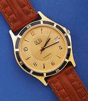 GUB HERRENARMBANDUHR AUTOMATIK, DEUTSCHLAND UM 1993, METALL HARTVERG., EDELST.-BODEN GEDR. BEIDS. MINERALFLACHVERGL., LEDERBAND, 25 ST., BASISKAL. ...
