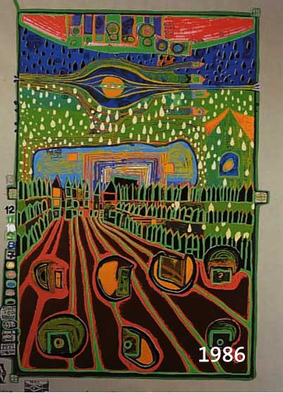 HUNDERTWASSER, FRIEDENSREICH, 1928-2000, STRAßE DER ÜBERLEBENDEN, FARBSEROGRAPHIE MIT METALLFOLIENDRUCK AUS DER REGENTAG-MAPPE, NUM. 133/3000, ...