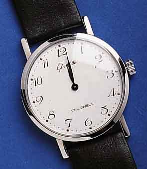 GLASHGLASHÜTTE HERRENARMBANDUHR, DEUTSCHLAND UM 1980, METALL HARTVERCHR., EDELST.-BODEN GEDR., KONTRASTZIFFERBL., 17 ST., HANDAUFZUG, ANKER- ...